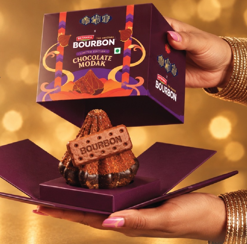 Limited edition Britannia Bourbon x Bombay Sweet Shop Chocolate Modak gift box, with a modak crafted to look like a Bourbon biscuit